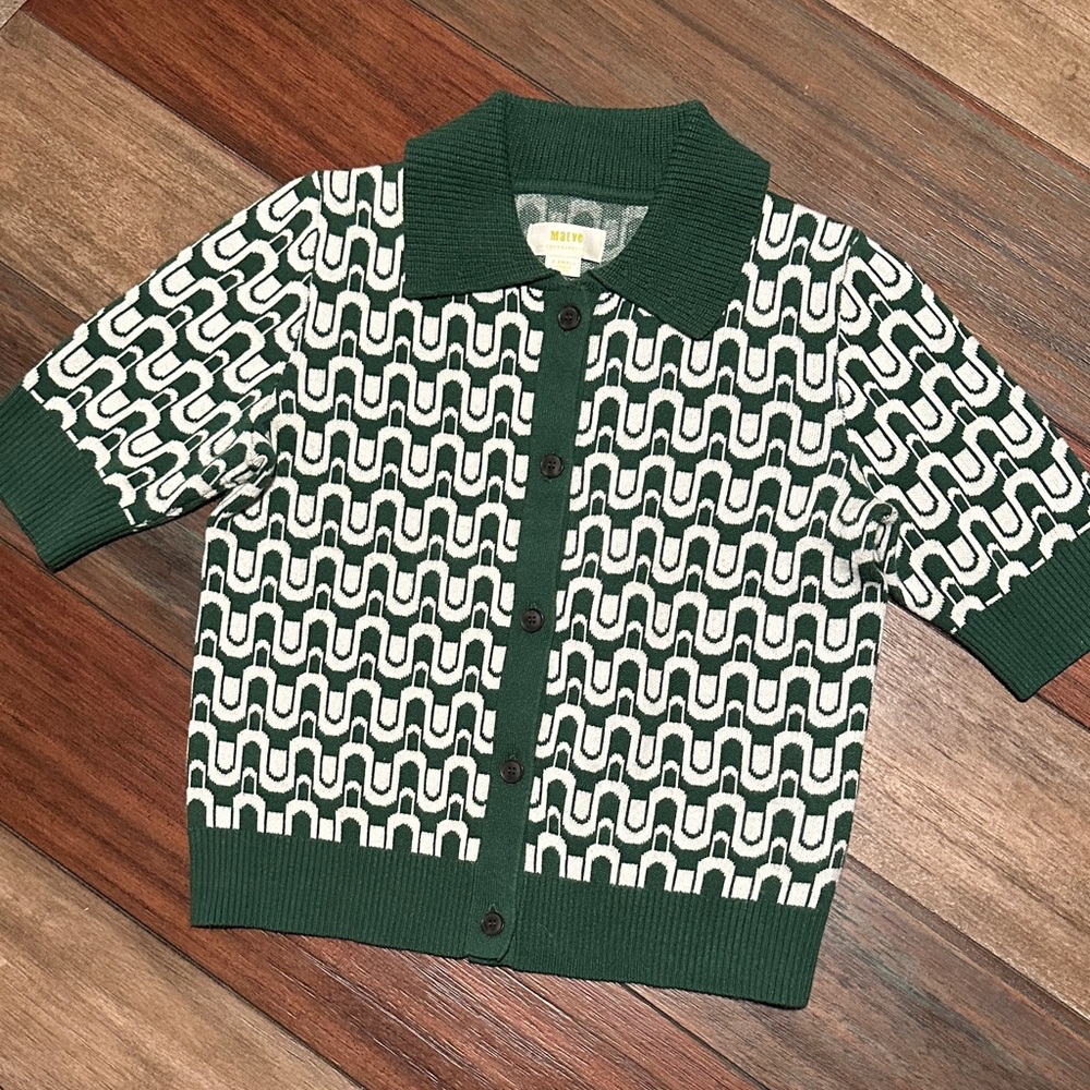 Maeve by Anthropologie Green Geometric Knit Polo Cardigan - Size‎ XS, Retro